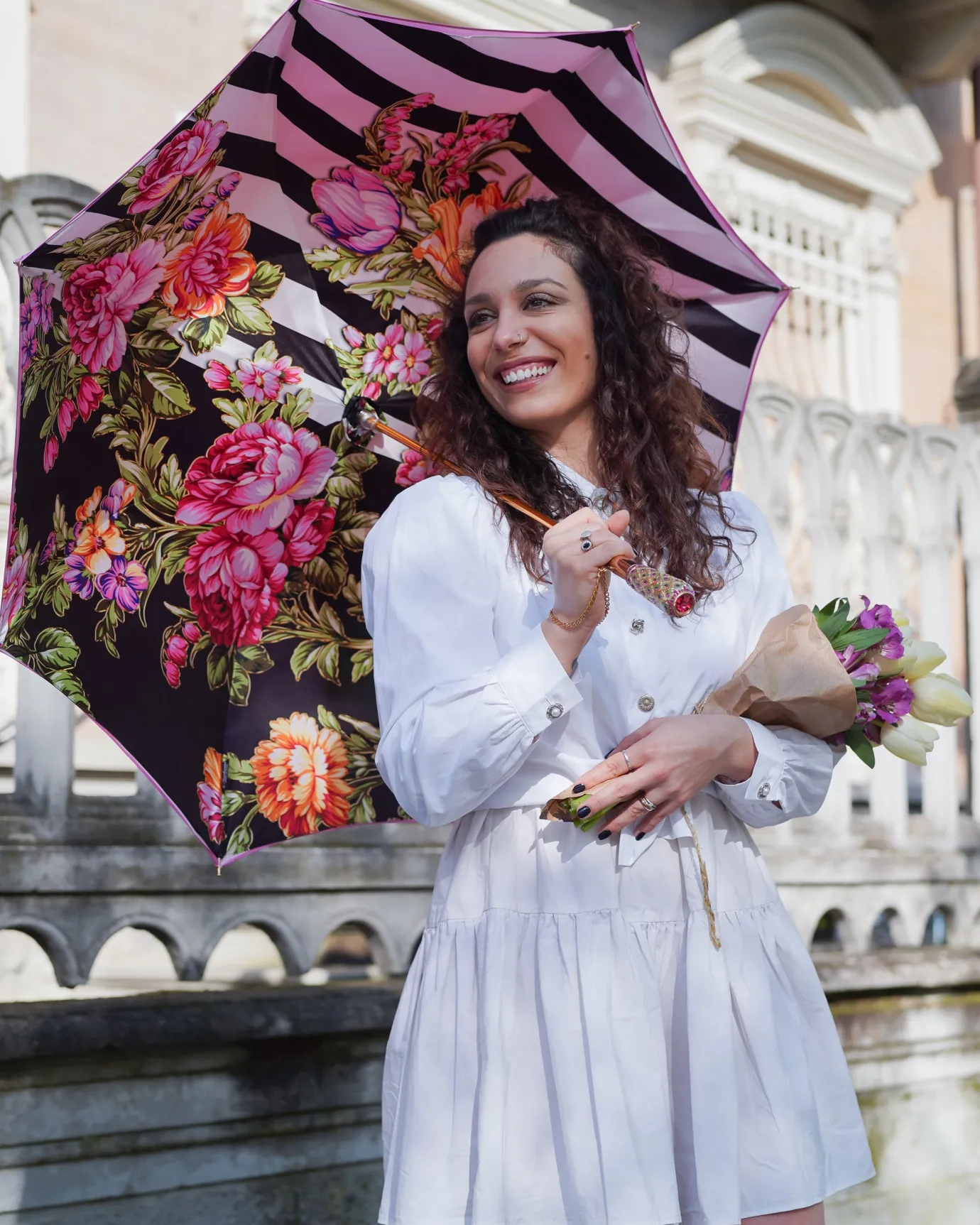 Il Marchesato Artisan Pink Floral Umbrella with Crystal Handle & Exquisite Hand-Pain Discount