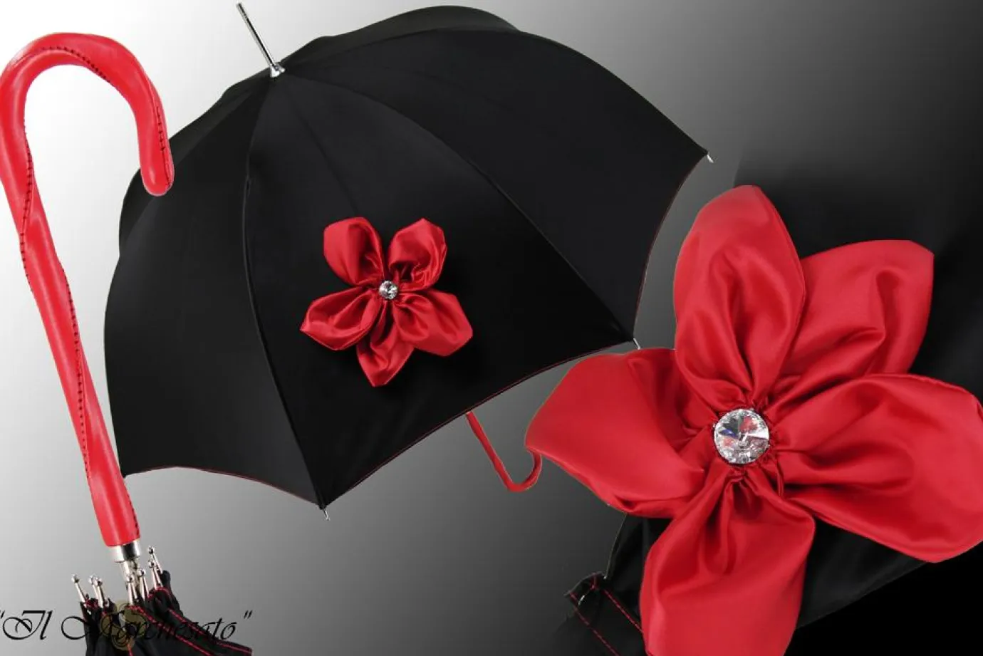 Il Marchesato Awesome Black Ladies Umbrella - Red Flower Outlet