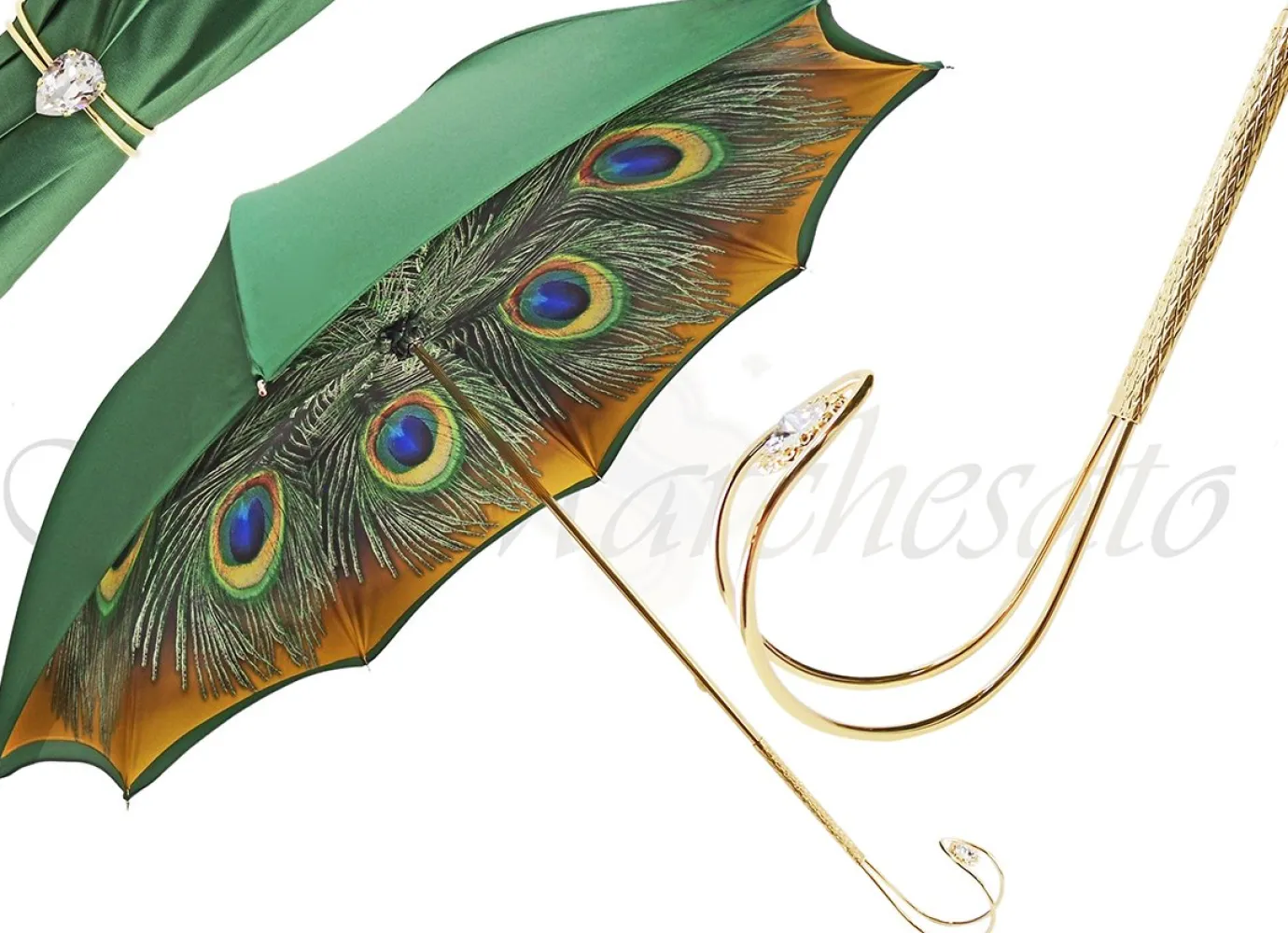 Il Marchesato Beautiful Green Women's Umbrella with Printed Peacock Design gold plated handle Clearance