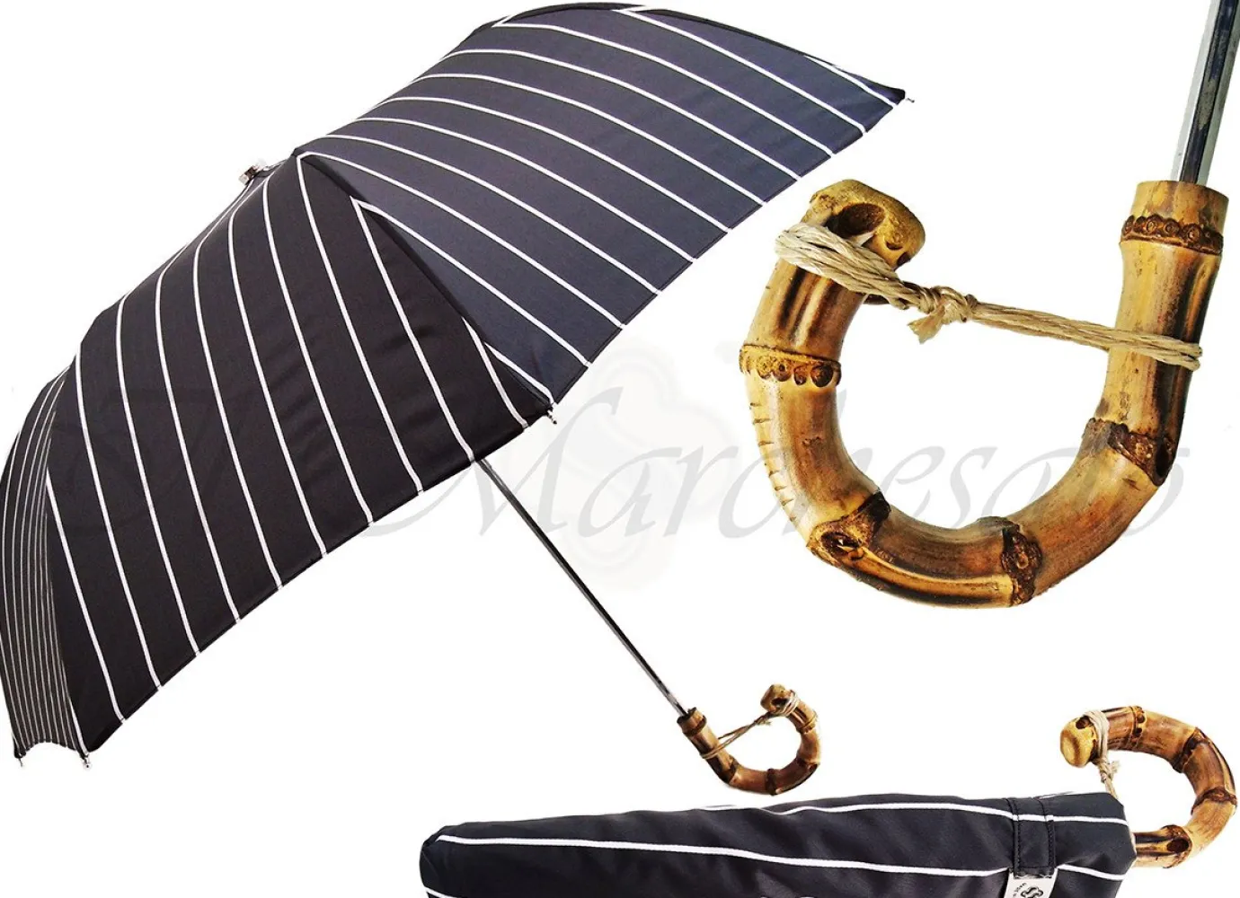 Il Marchesato Black and White Striped Men's Folding Umbrella - Whangee Bamboo Handle Best