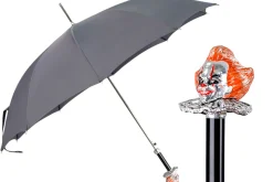 Il Marchesato Carnival of Shadows: Grey Umbrella with Intricate Clown Handle New