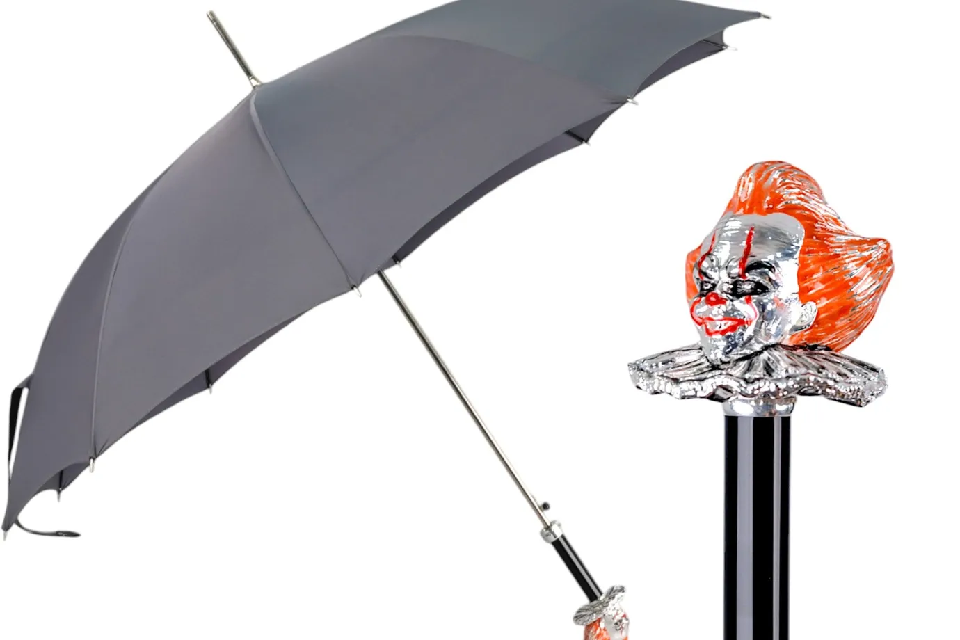 Il Marchesato Carnival of Shadows: Grey Umbrella with Intricate Clown Handle New