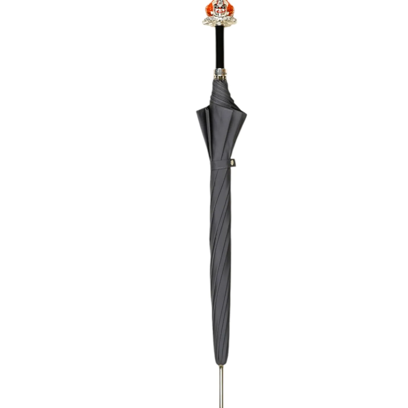 Il Marchesato Carnival of Shadows: Grey Umbrella with Intricate Clown Handle New