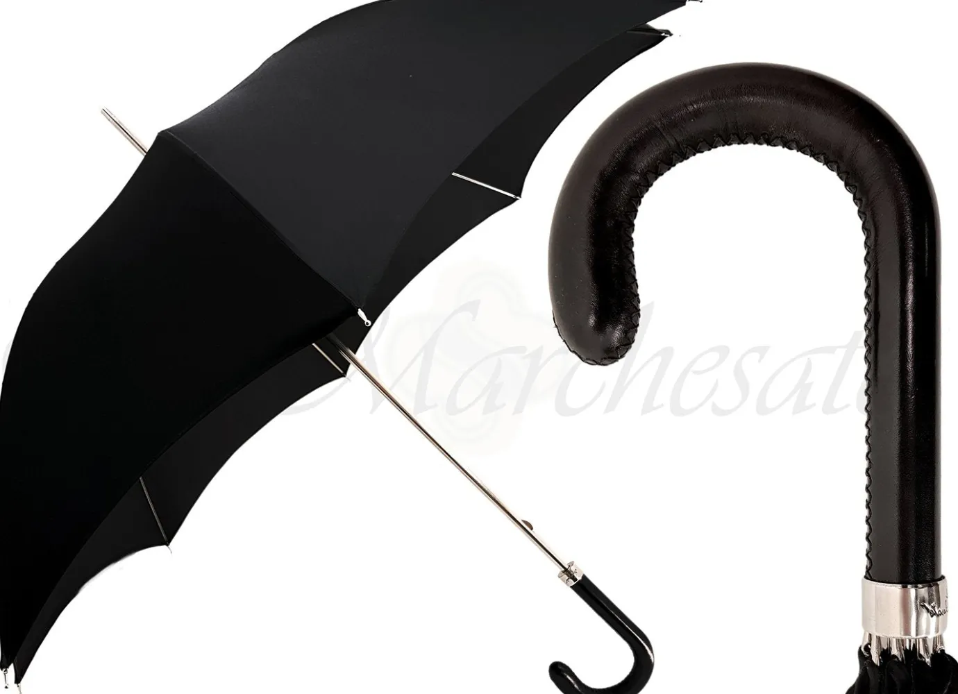 Il Marchesato Classic Gentlemen's Black Umbrella With Leather Handle Clearance