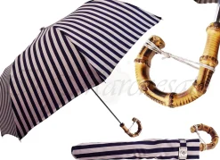 Il Marchesato Dark Blue, & Dirty White Striped Men's Folding Umbrella - Bamboo Handl Fashion