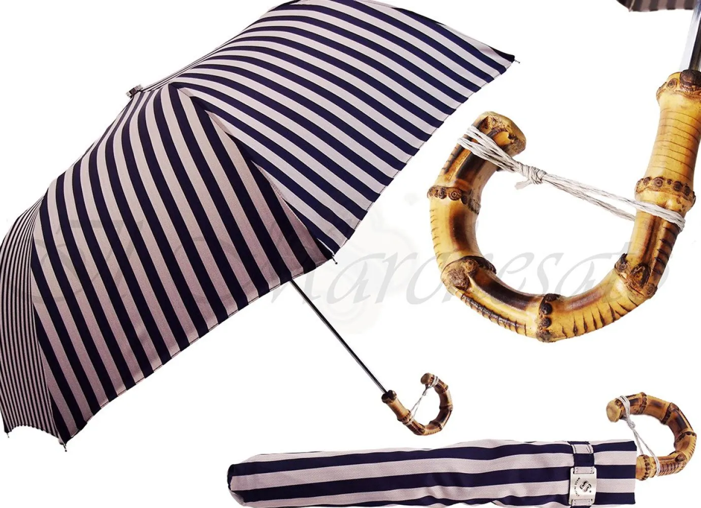 Il Marchesato Dark Blue, & Dirty White Striped Men's Folding Umbrella - Bamboo Handl Fashion