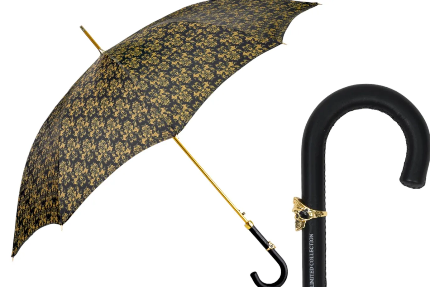 Il Marchesato Elegant Umbrella with Leather Handle, Gold Skull, and Ornate Black and Outlet