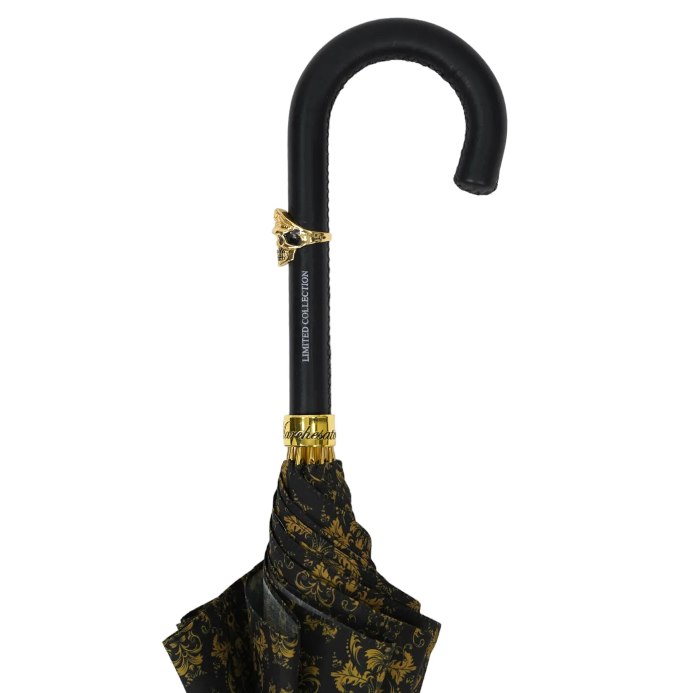 Il Marchesato Elegant Umbrella with Leather Handle, Gold Skull, and Ornate Black and Outlet