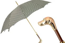 Il Marchesato Golden Hound: Beige Patterned Umbrella with Dog Handle in Gold Finish New
