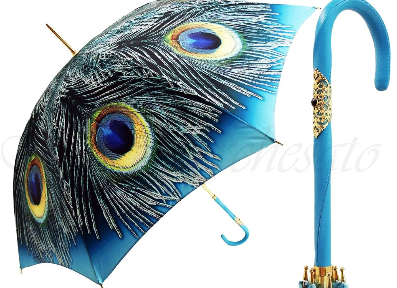 Il Marchesato Handcrafted Luxury Peacock Umbrella in a Blue Sky Color Umbrella Fashion Clearance