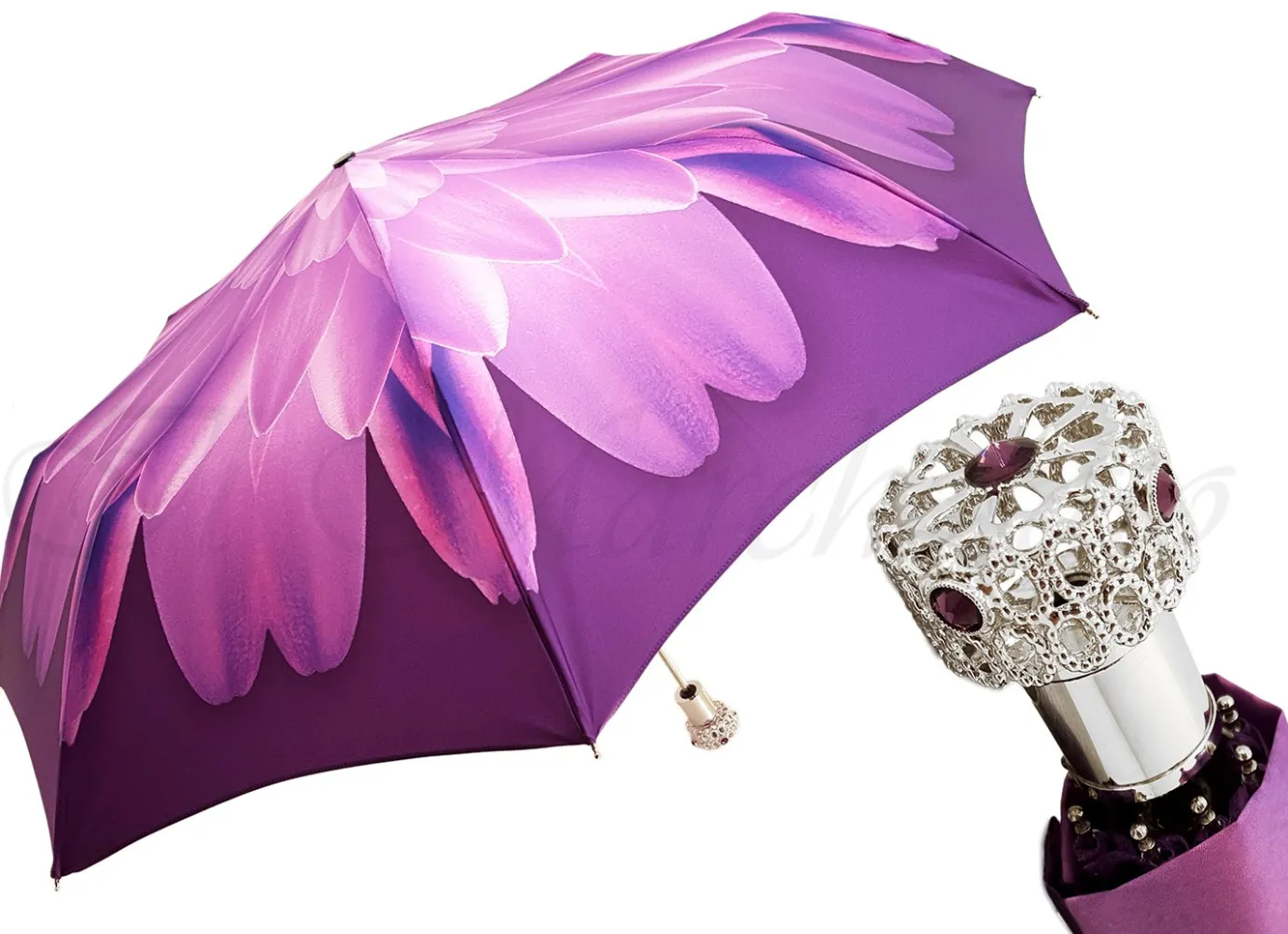 Il Marchesato Lilac Flower Ladies Folding Umbrella with Silver-Plated Handle Best