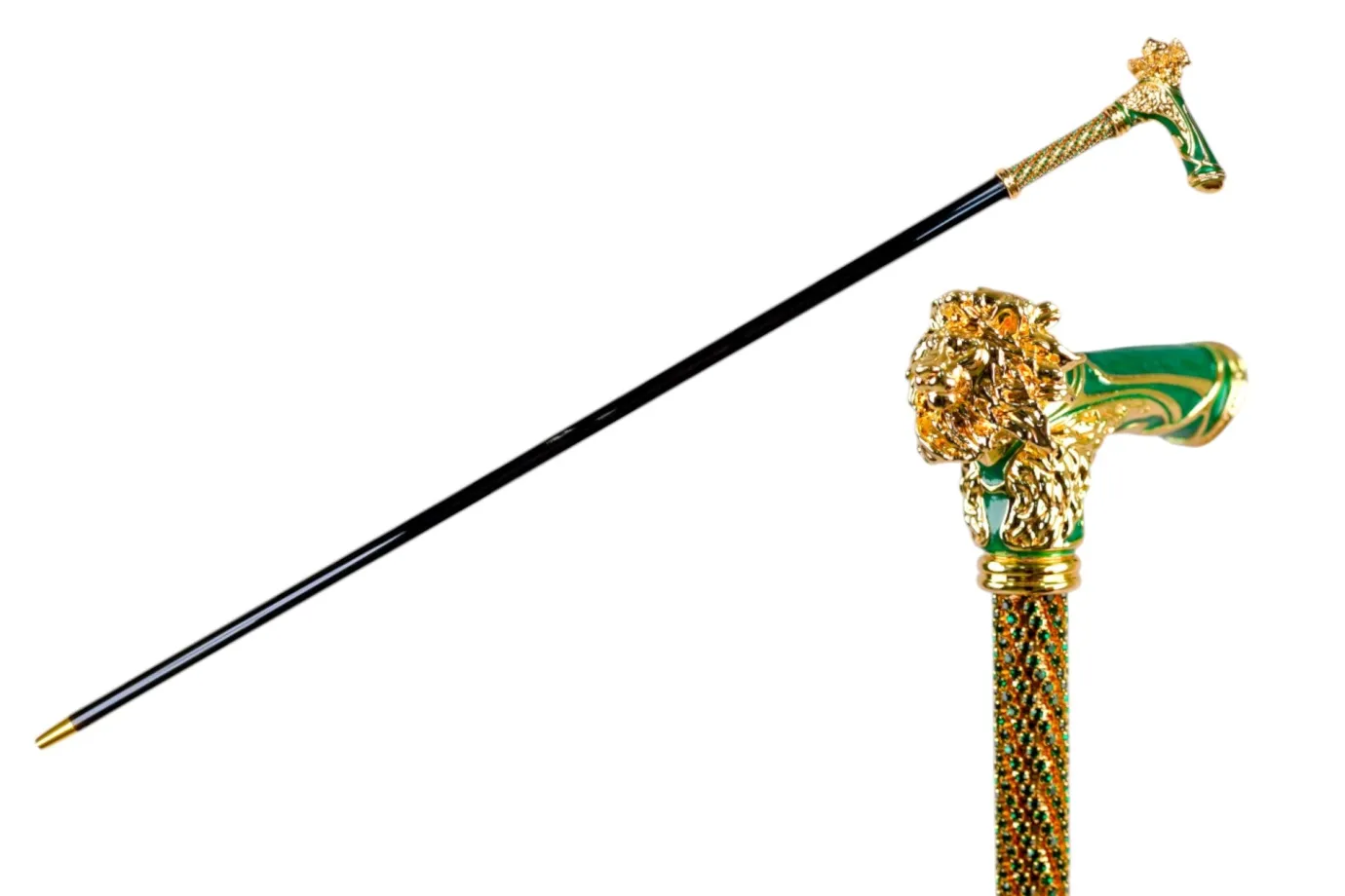 Il Marchesato Majestic Gold Lion Handle Walking Cane – Green Enamel Finish New