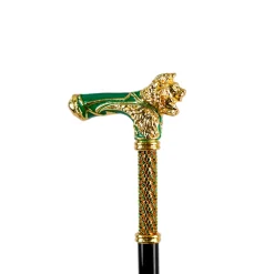 Il Marchesato Majestic Gold Lion Handle Walking Cane – Green Enamel Finish New