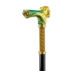 Il Marchesato Majestic Gold Lion Handle Walking Cane – Green Enamel Finish New