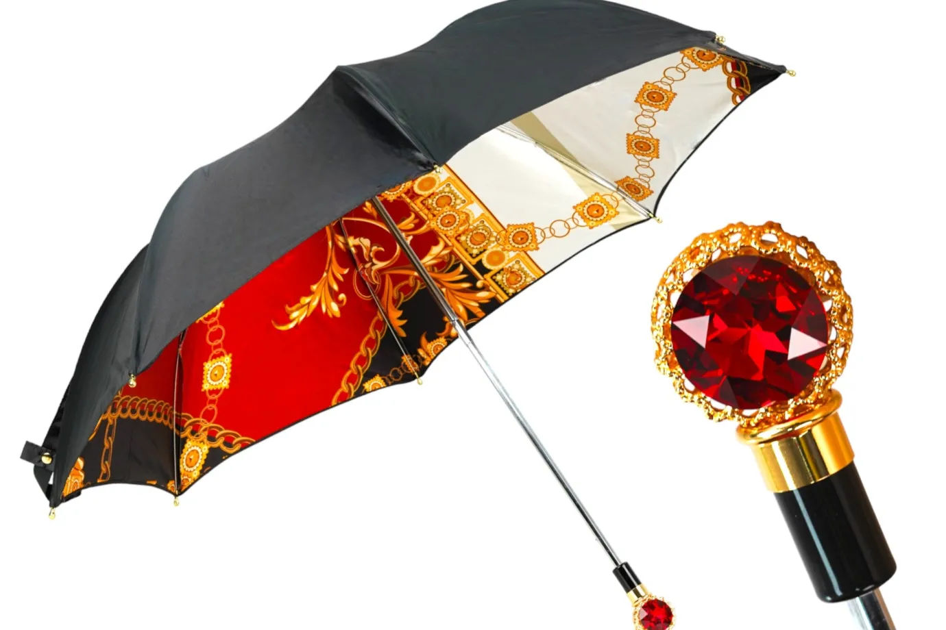 Il Marchesato Midnight Glamour: Exclusive Black Umbrella Adorned with Bold Red Cryst Fashion
