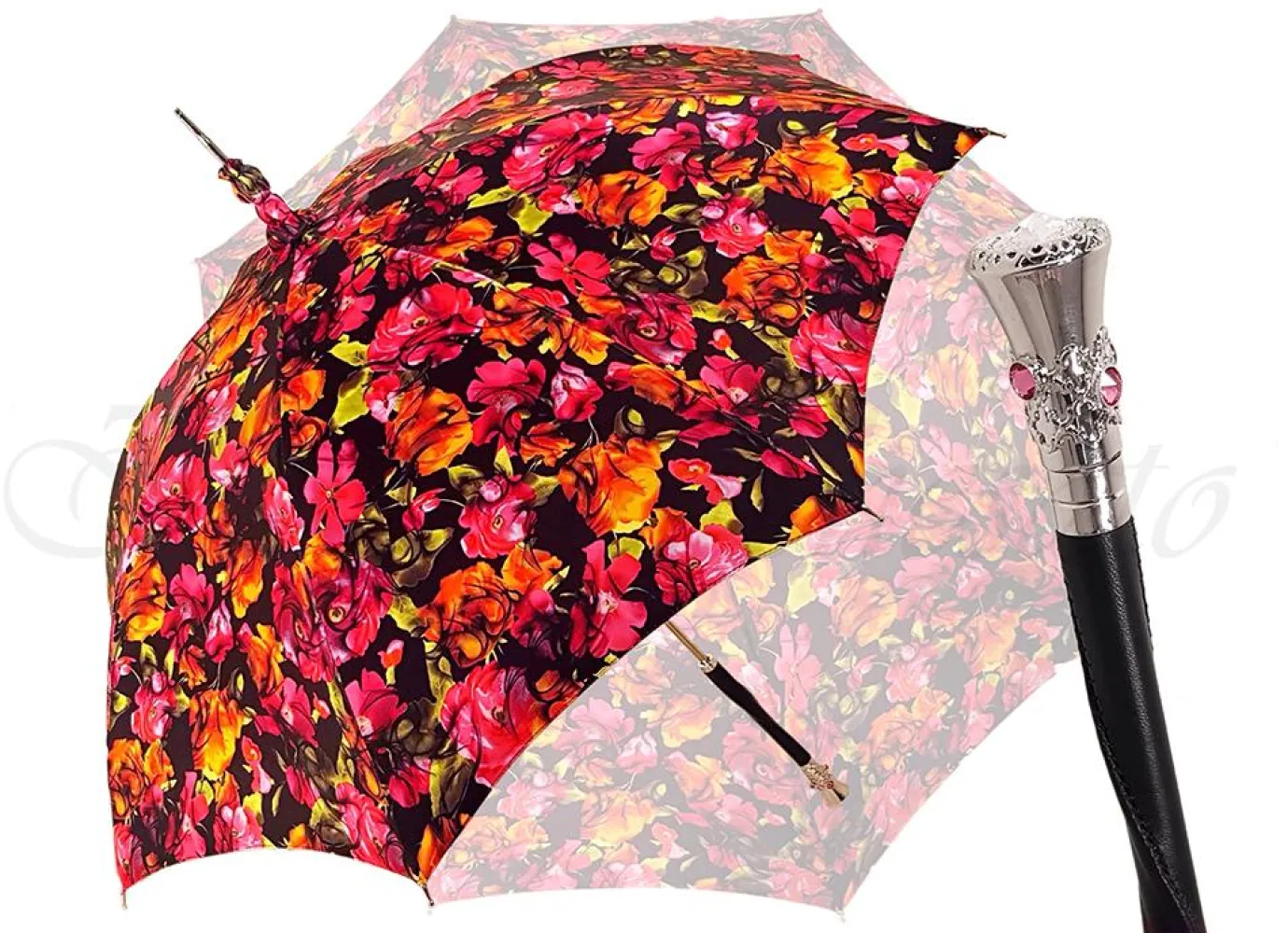 Il Marchesato Parasol Multi-Color Floral Umbrella for Women - Black Leather Handle Clearance