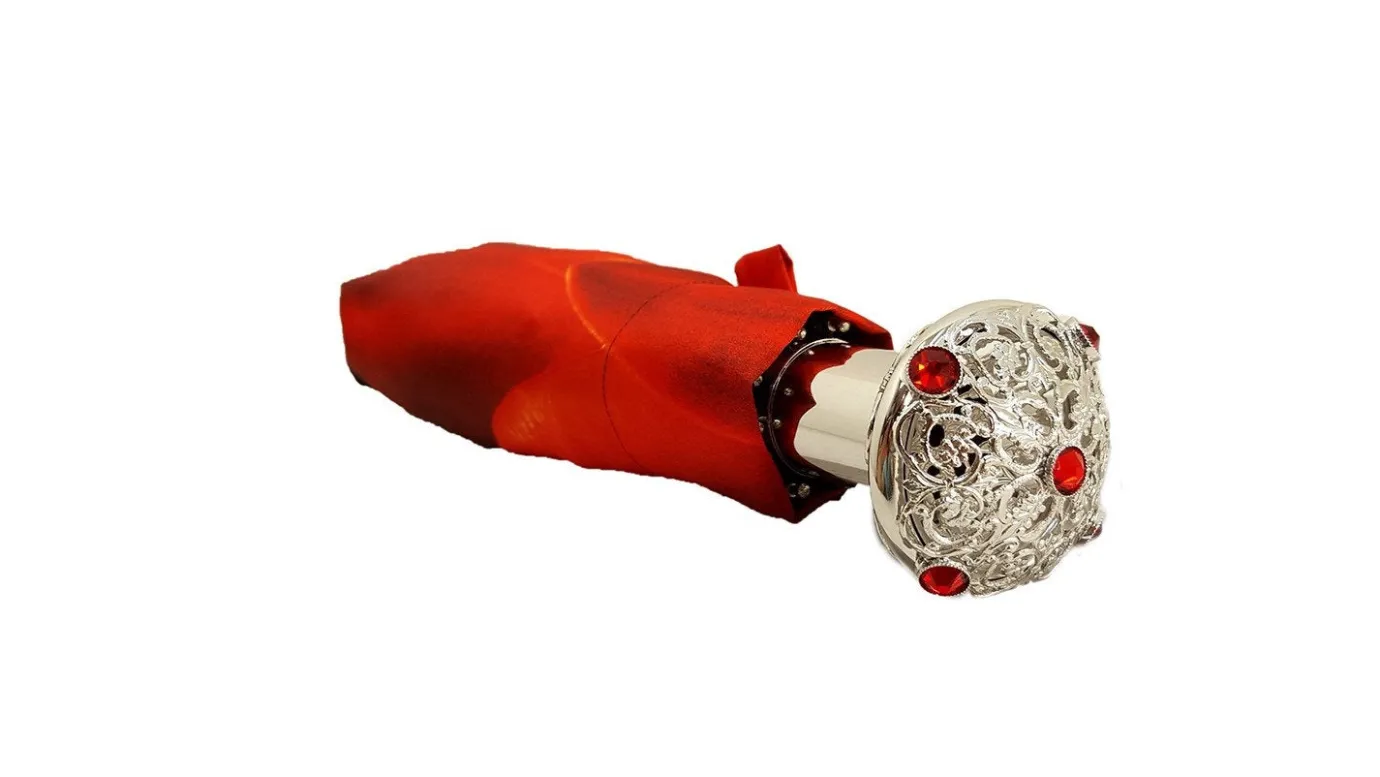Il Marchesato Red Flower Women's Folding Umbrella with Silver-Plated Handle Online