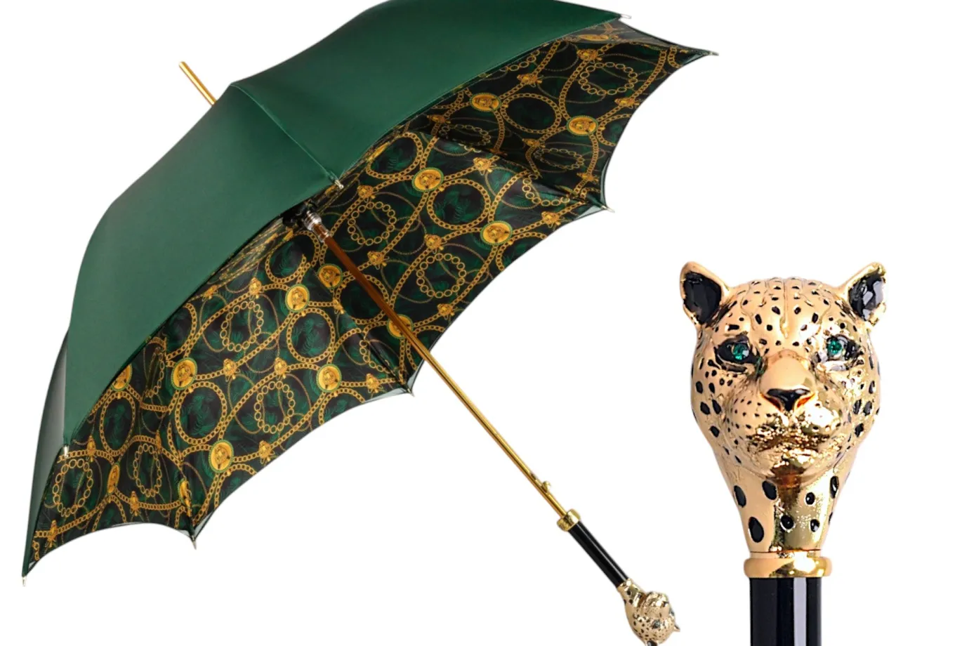Il Marchesato Savannah Majesty: Green Umbrella with Striking Leopard Handle New