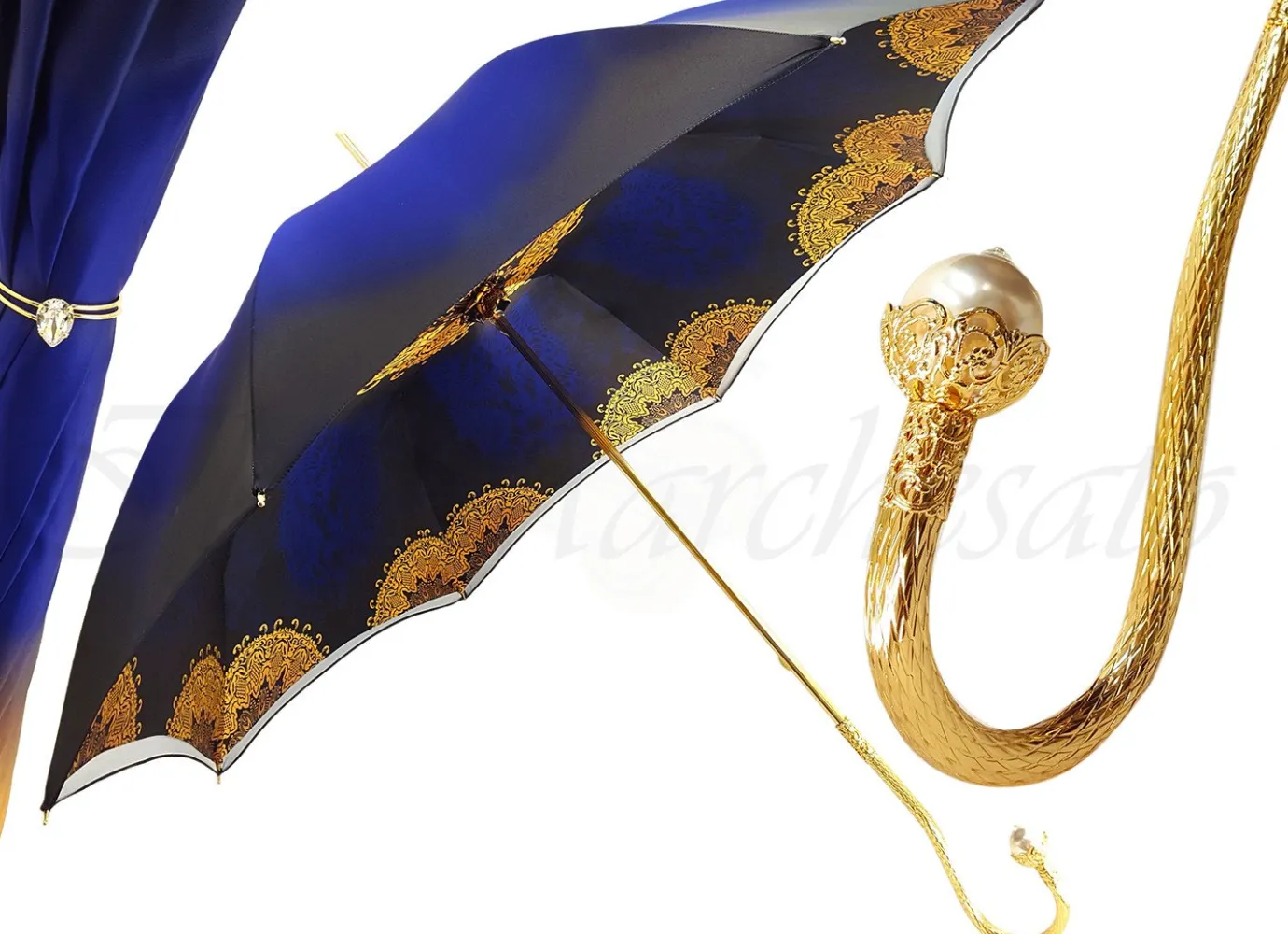 Il Marchesato Superb Double Canopy Umbrella Finished in a Luxurious Blue Satin Polye Clearance