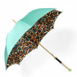 Il Marchesato Wild Elegance: Teal Umbrella with Leopard Print and Green Crystal Hand Best